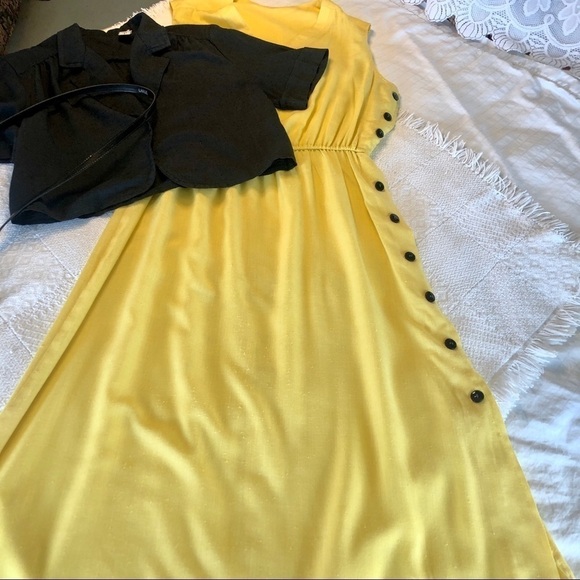 Vintage 70s Dress Yellow with Black Cropped Jacket and Skinny Belt size Medium - Picture 11 of 16